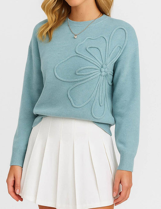 Ladies Solid Color Rib Knit 3D Floral Embroidery Sweater