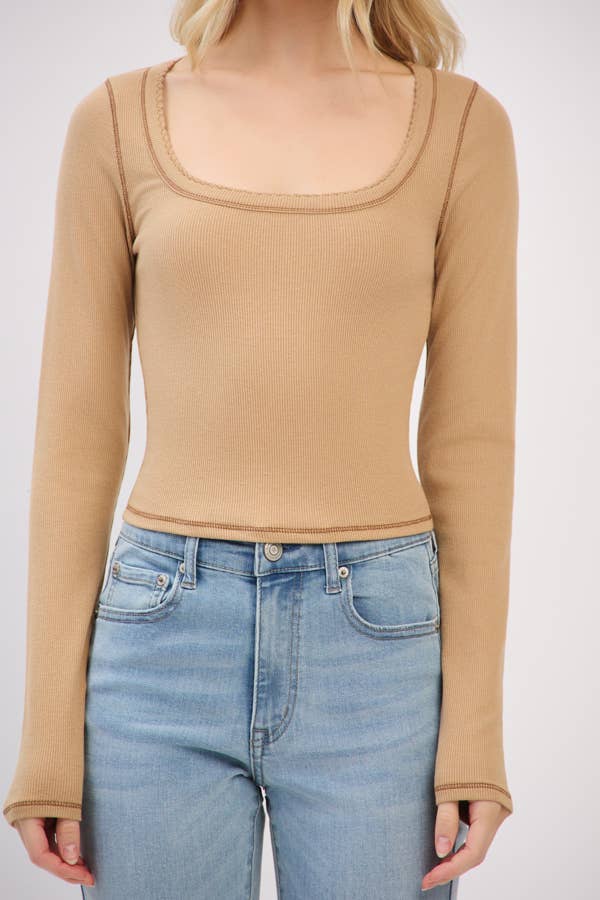LONG SLEEVE SQUARE NECK RIBBED TOP W/ SCALLOP