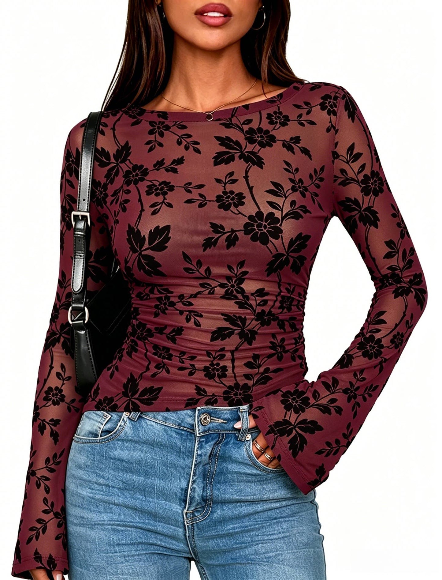 Slim Fit Flocked Floral Long Sleeve Shirt Top