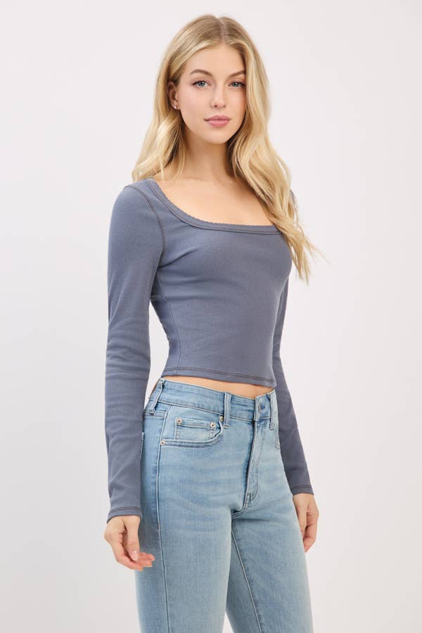 LONG SLEEVE SQUARE NECK RIBBED TOP W/ SCALLOP
