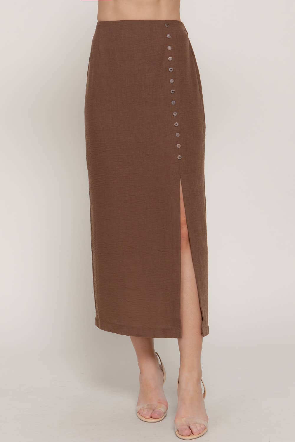 Front Slit with Button Detail Linen Effect Midi Skirt