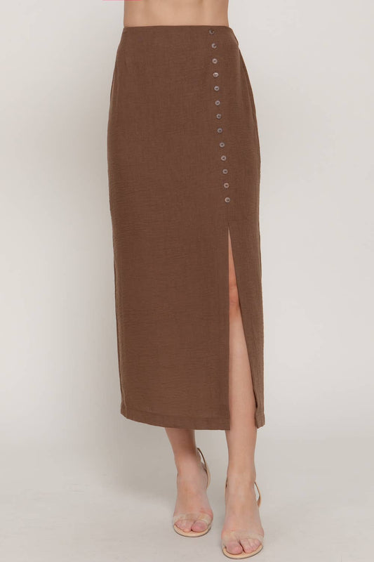 Front Slit with Button Detail Linen Effect Midi Skirt
