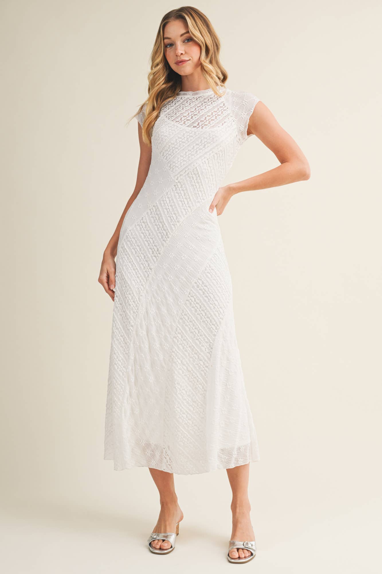 CAP SLEEVE MIXED LACE DRESS