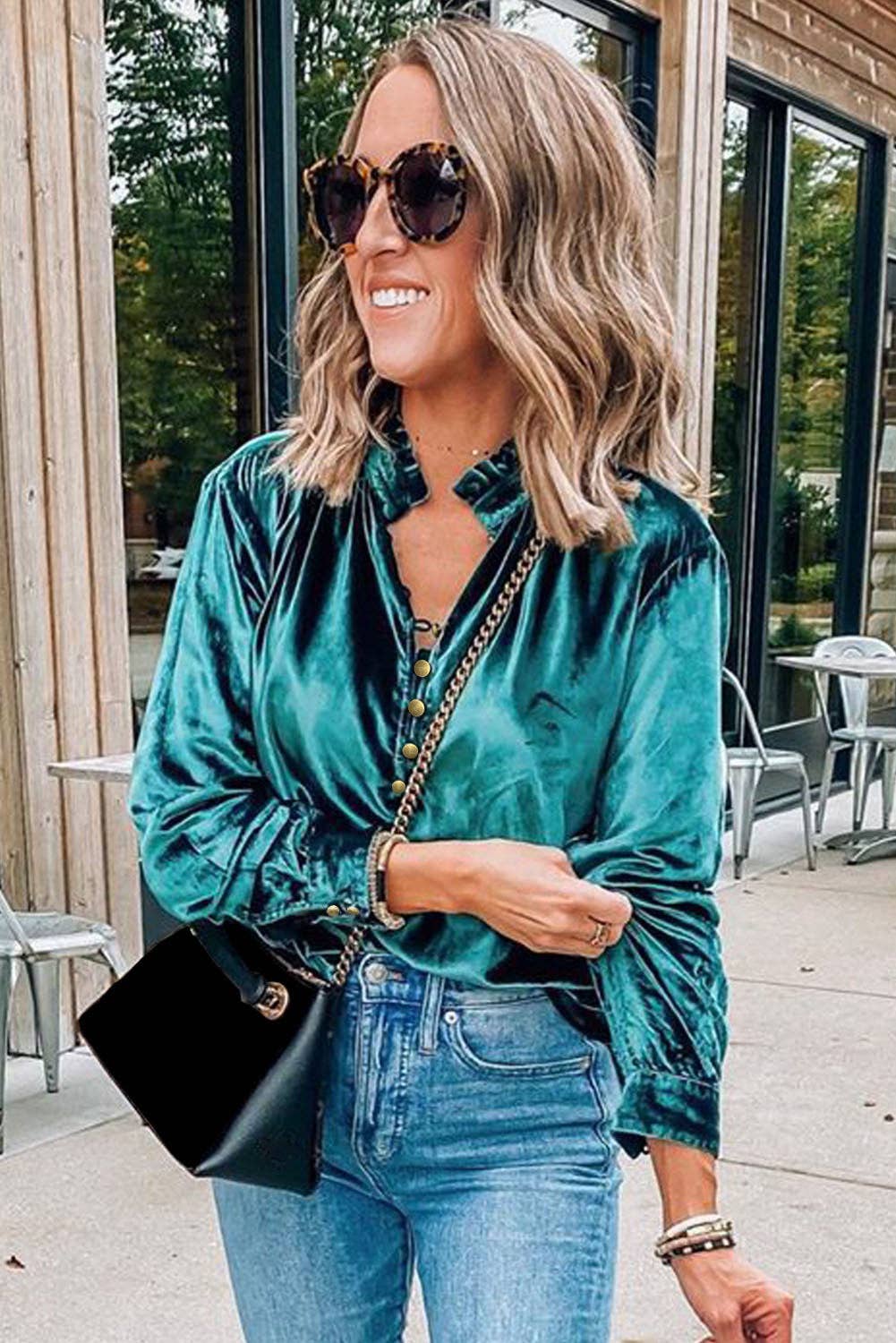 Ruffled Collar Button Front Velvet Blouse