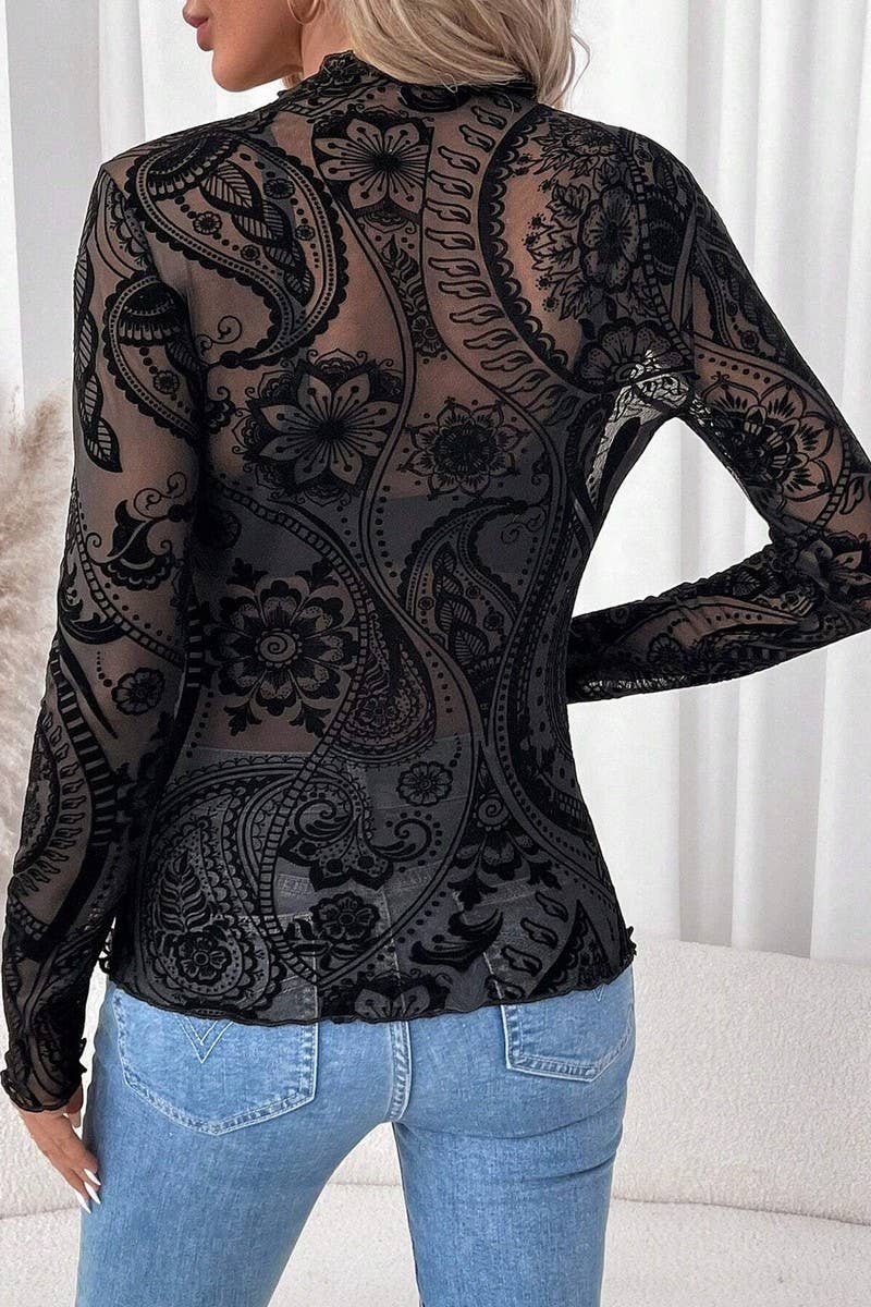 FLOCKED PRINTED MESH RUFFLED LONG SLEEVE TOP
