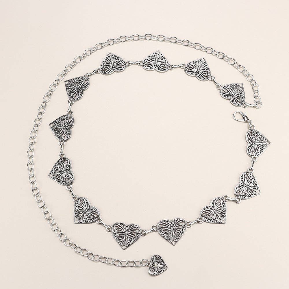 Metal Chain Waist Belt With Butterfly And Heart Design