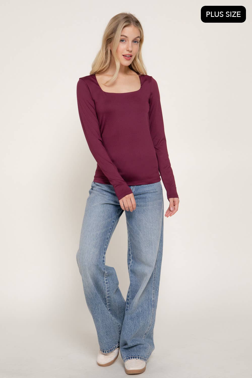 [PLUS SIZE] Long Sleeve Square Neck Double Layered Knit Top