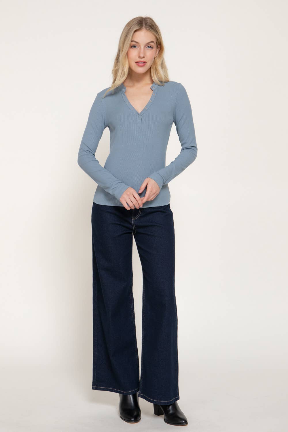 Long Sleeve Henley Neck Ribbed Top