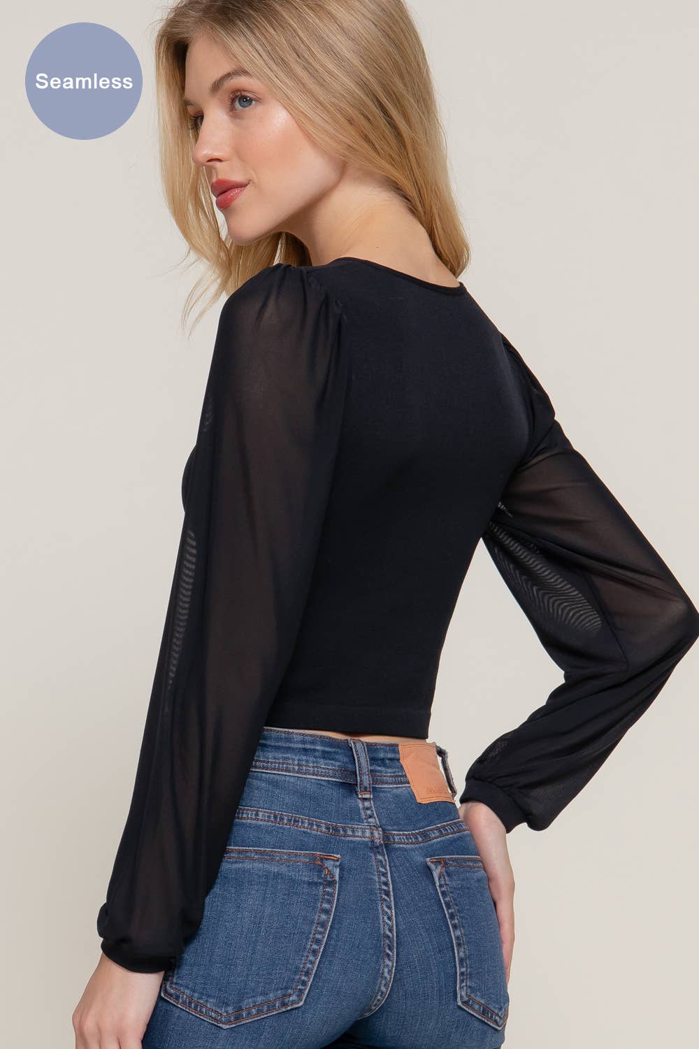 Mesh Long Sleeve Round Neck Seamless Top