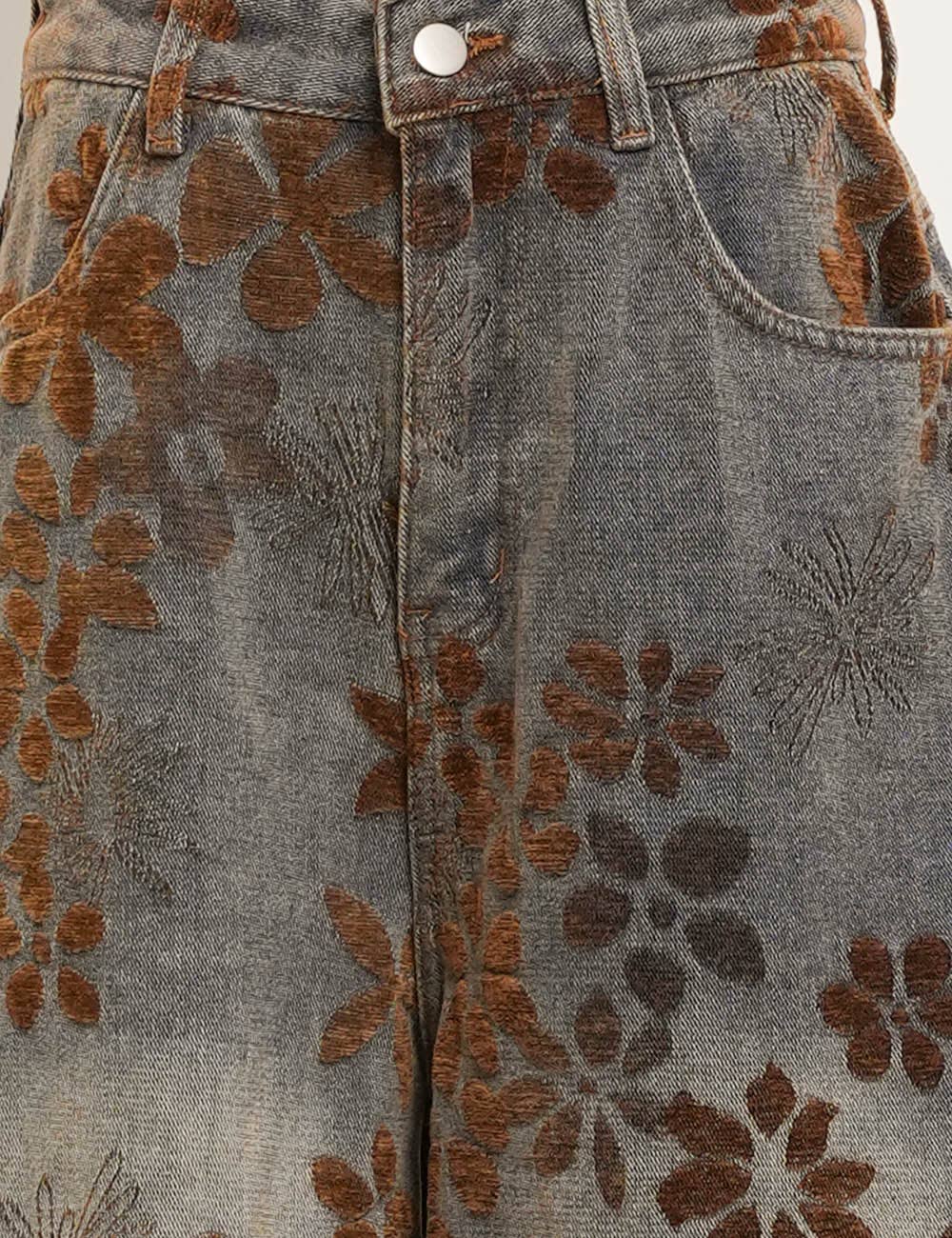 Ladies Velvet Floral Wide Barrel leg Denim Jean Pants