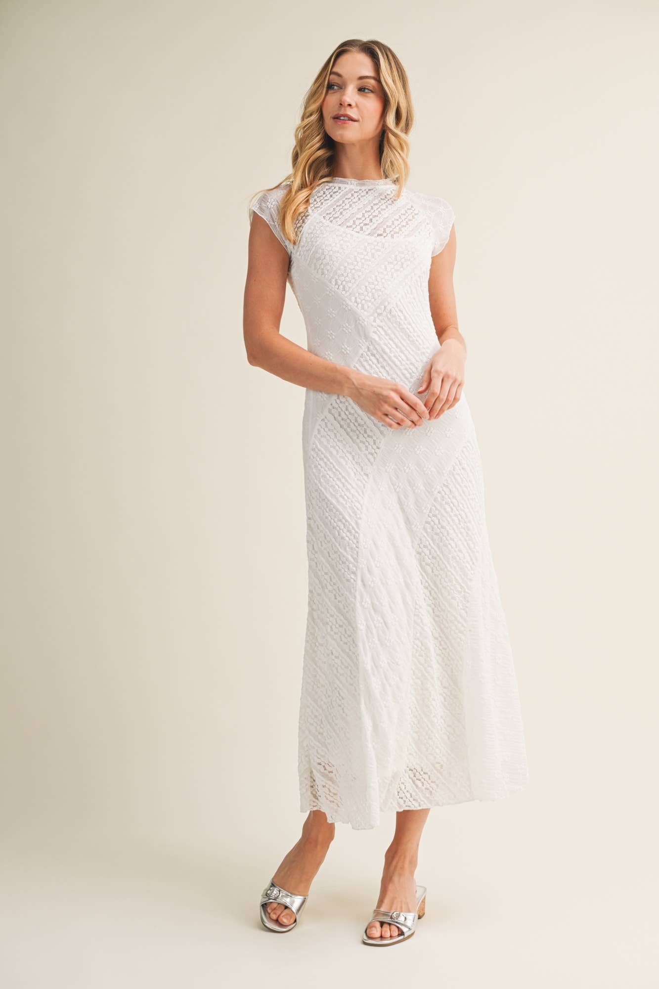 CAP SLEEVE MIXED LACE DRESS