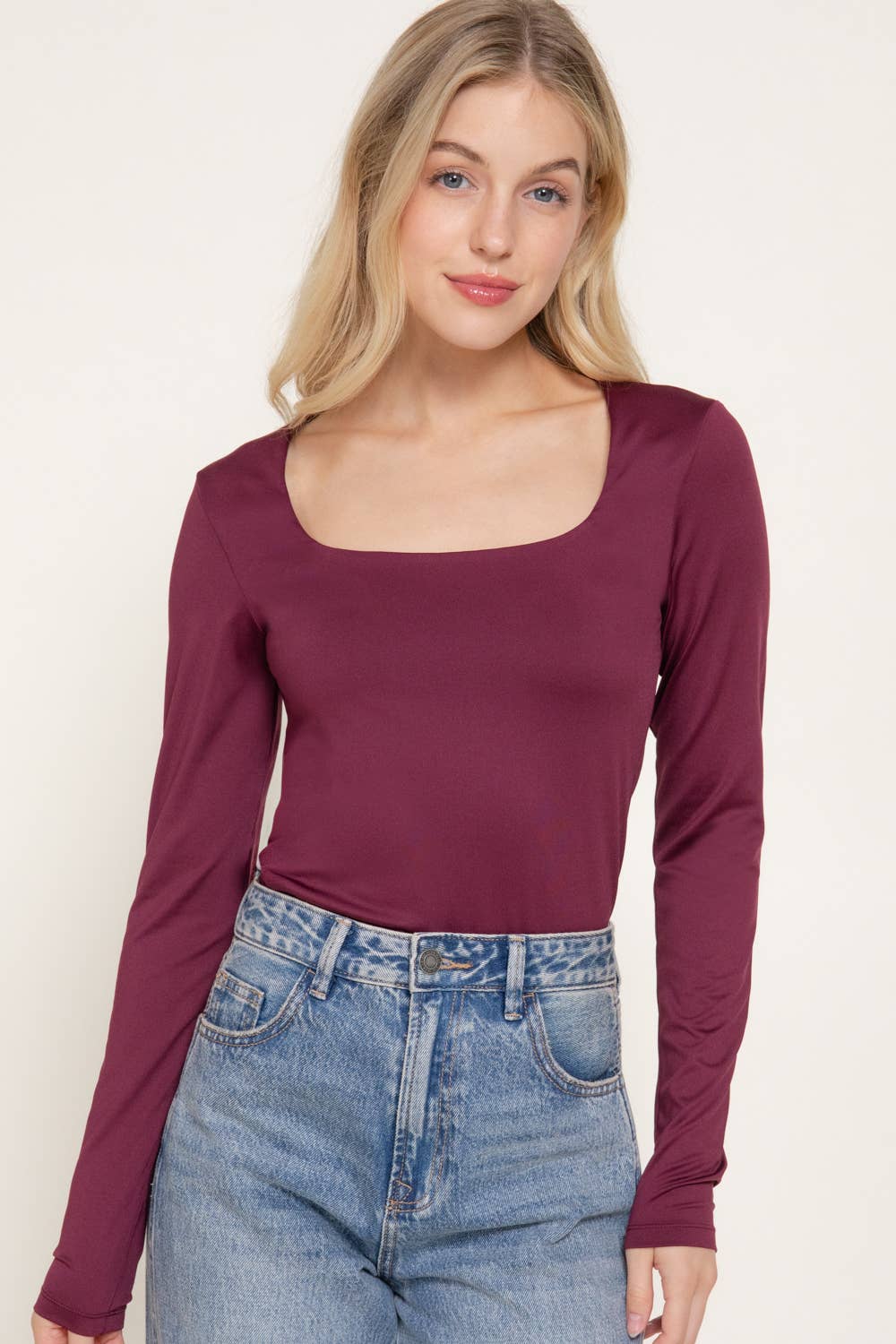 [PLUS SIZE] Long Sleeve Square Neck Double Layered Knit Top
