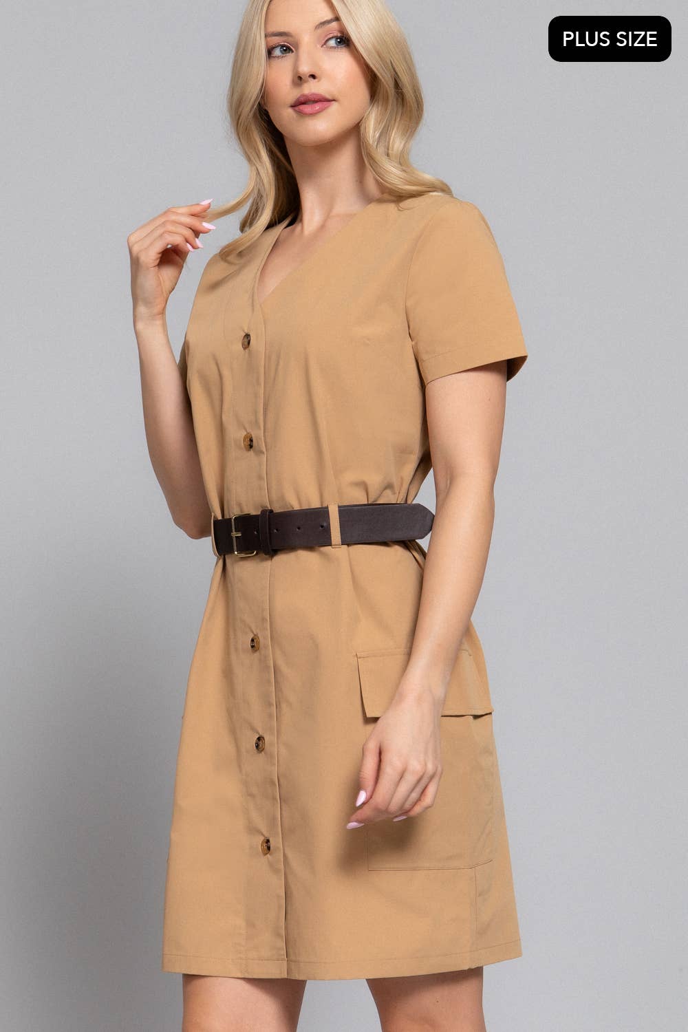 [PLUS SIZE] Short Sleeve Button Down Belted Cargo Mini Dress