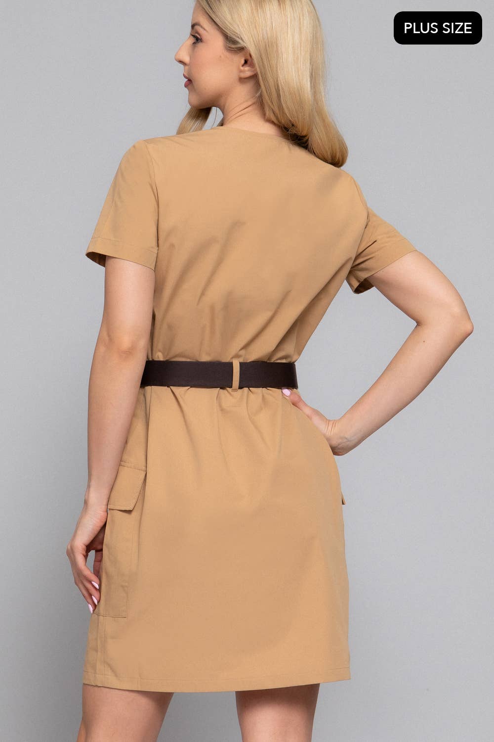 [PLUS SIZE] Short Sleeve Button Down Belted Cargo Mini Dress