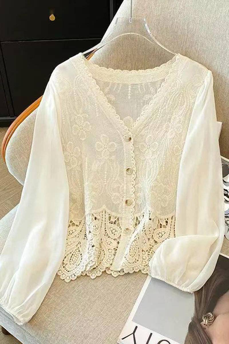 Lace V-Neck Button-Front Blouse