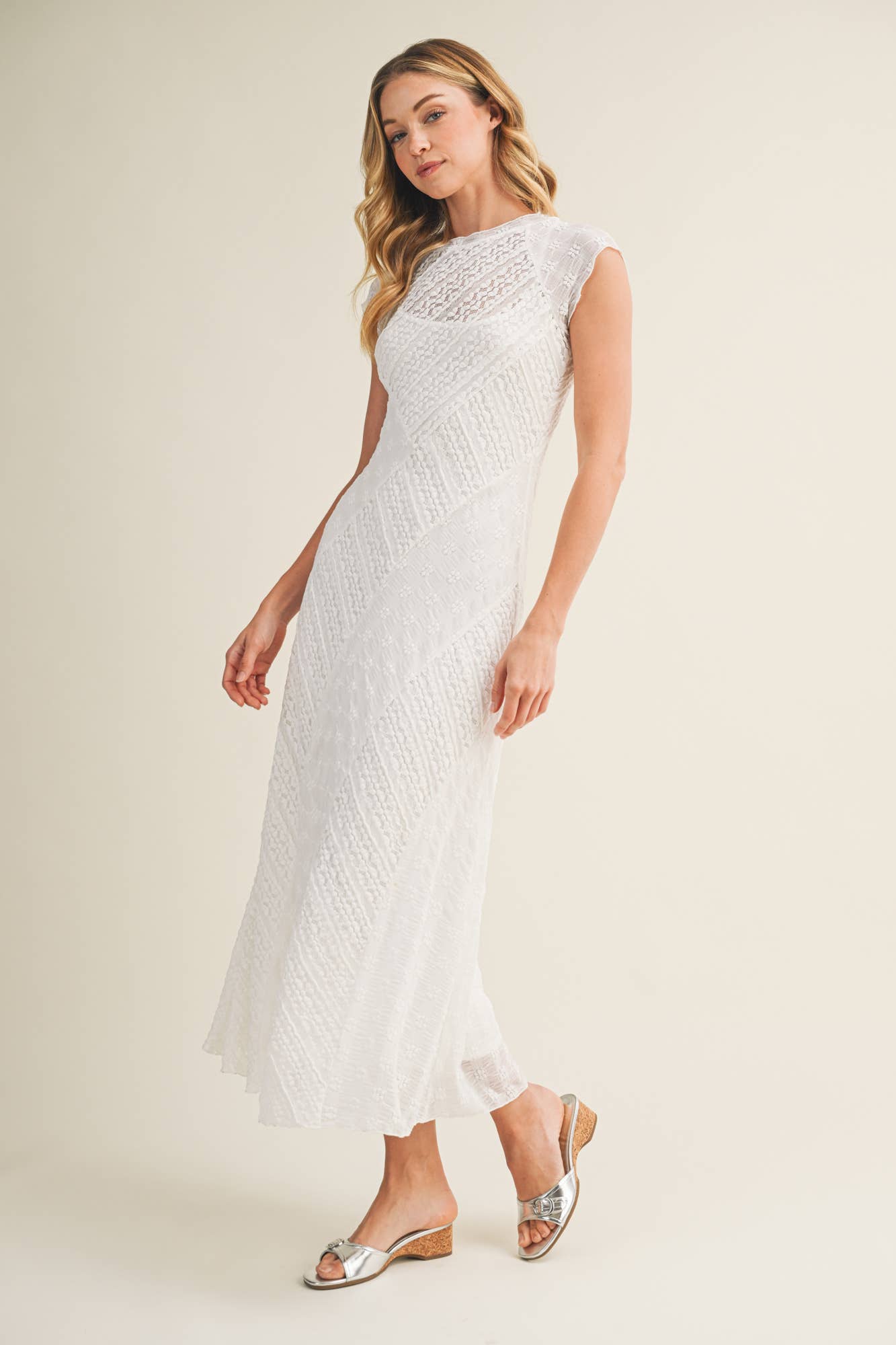 CAP SLEEVE MIXED LACE DRESS