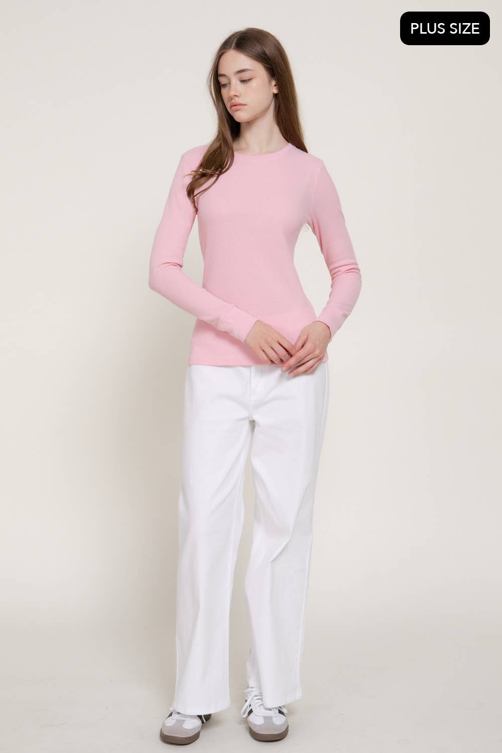 [PLUS SIZE] Long Sleeve Crew Neck Thermal Knit Top