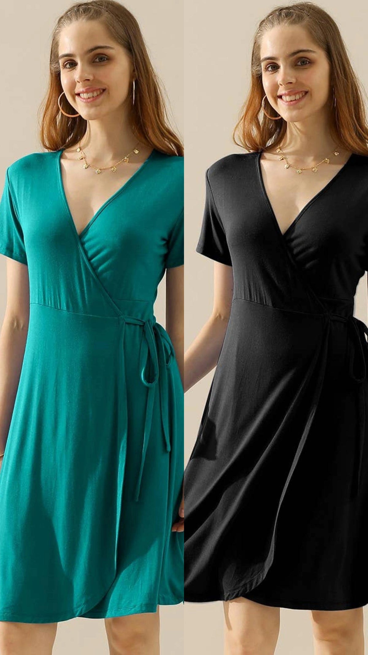 V NECK CASUALSHORT SLEEVE WRAP DRESSES