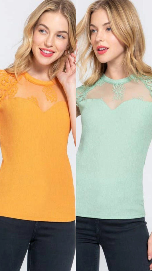 Lace Ruffle Sleeve Texture Knit Top Shirt