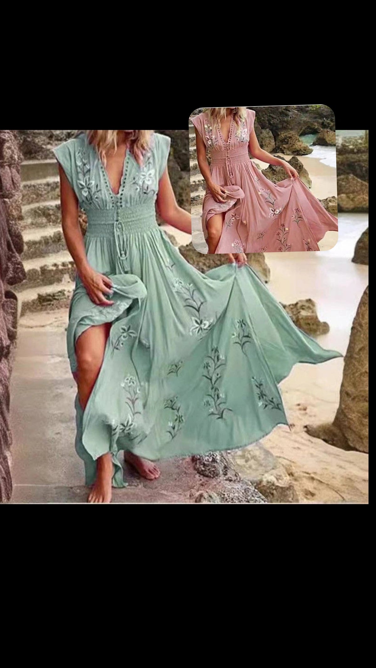 Bohemian V-Neck Printed High Waist Flutter Sleeve Dress