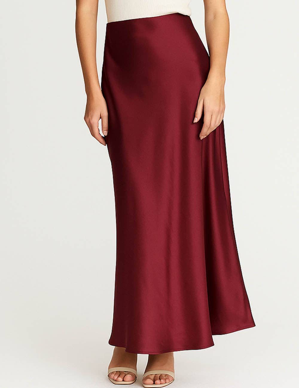 Ladies Solid Color Satin Midi Skirt
