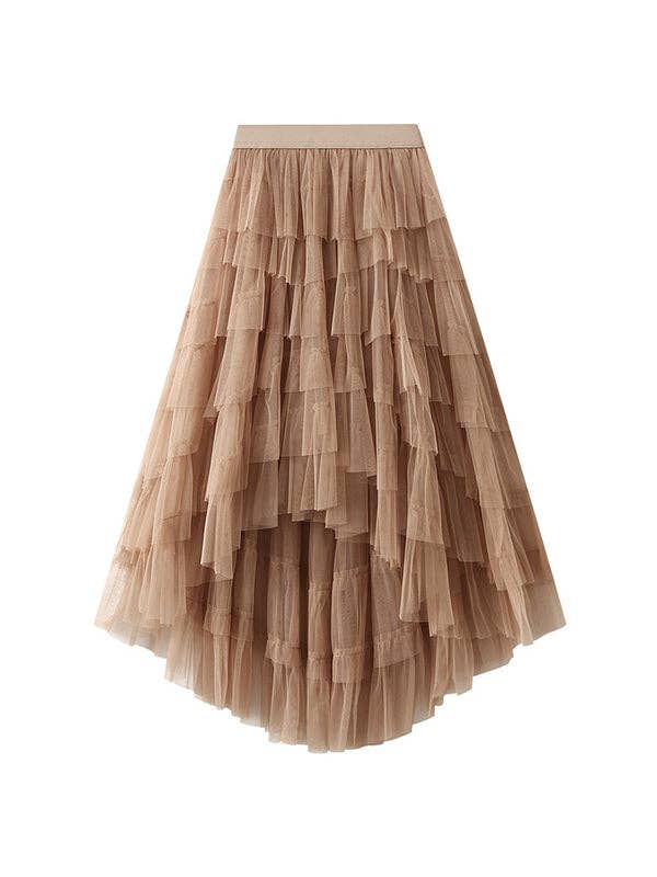 A-Line High-Low Contrast Color Elasticity Gauze Gradient Pleated Split-Joint Tiered Skirts