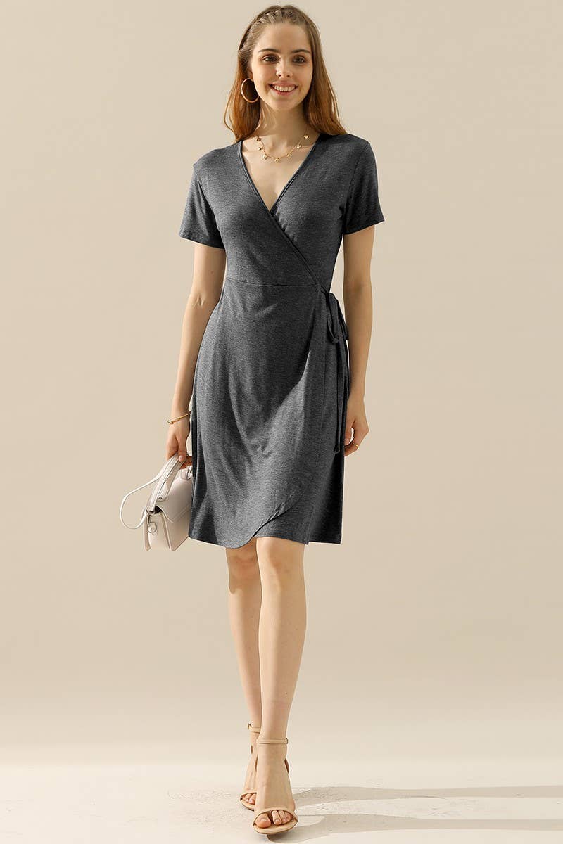 V NECK CASUALSHORT SLEEVE WRAP DRESSES