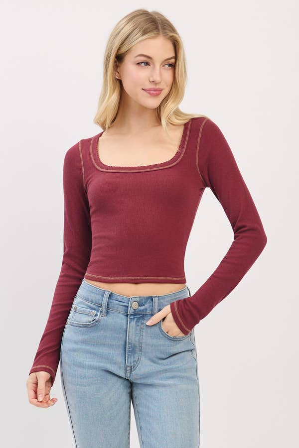 LONG SLEEVE SQUARE NECK RIBBED TOP W/ SCALLOP