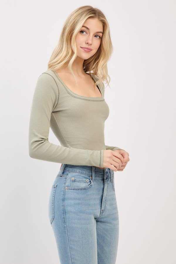 LONG SLEEVE SQUARE NECK RIBBED TOP W/ SCALLOP