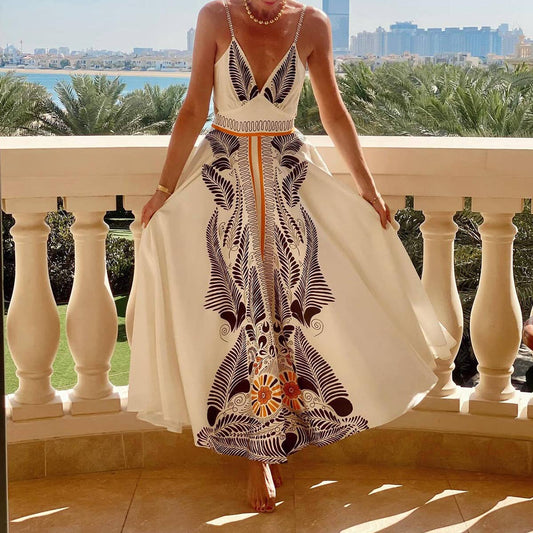Printed off-the-neck,low-cut sexy halter Bronco's Girlfriend dress