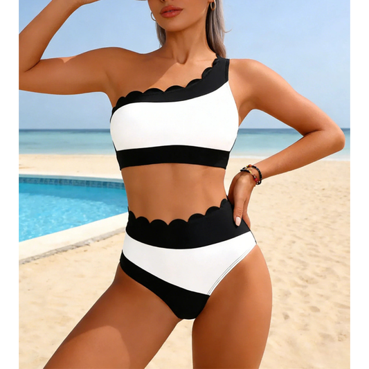 Two-Piece Black & White Lace High-Waisted Bikini BOTTOM