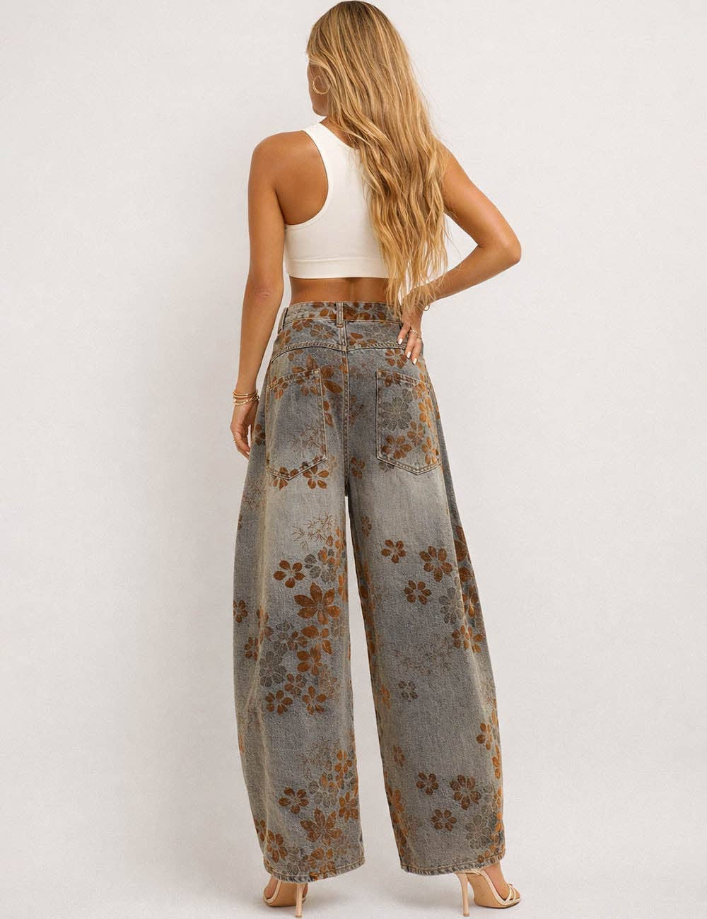 Ladies Velvet Floral Wide Barrel leg Denim Jean Pants