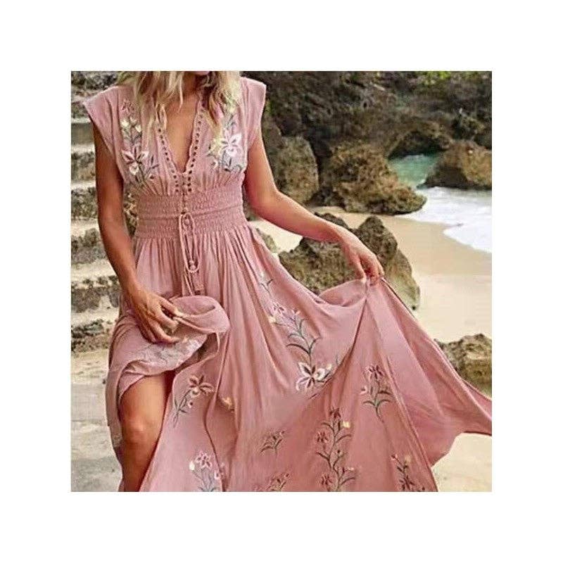 Bohemian V-Neck Printed High Waist Flutter Sleeve Dress