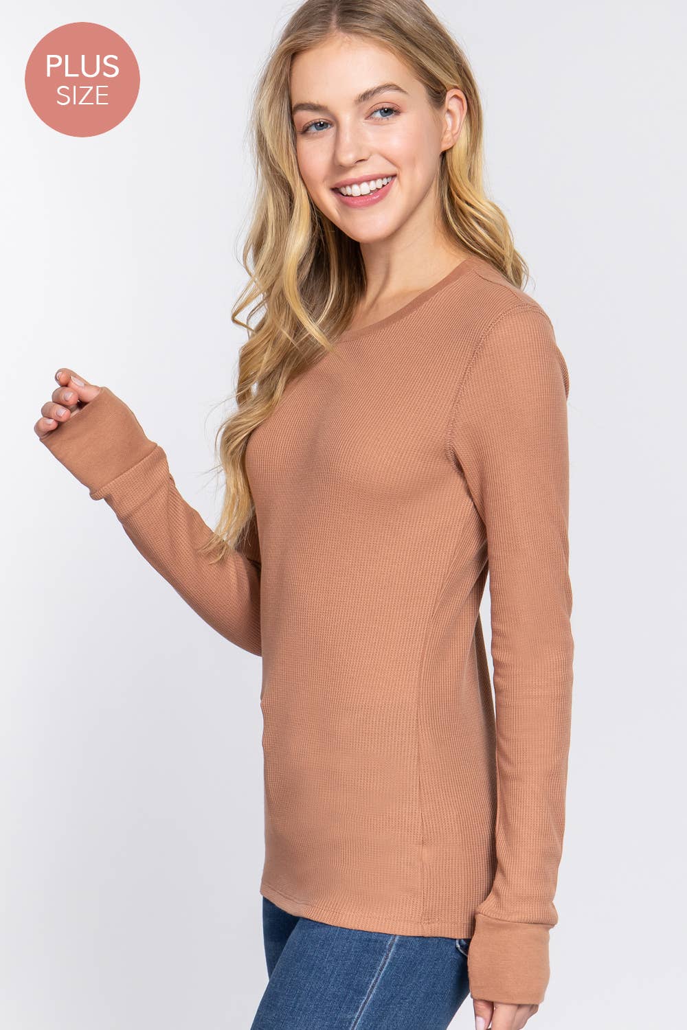 [PLUS SIZE] Long Sleeve Crew Neck Thermal Knit Top