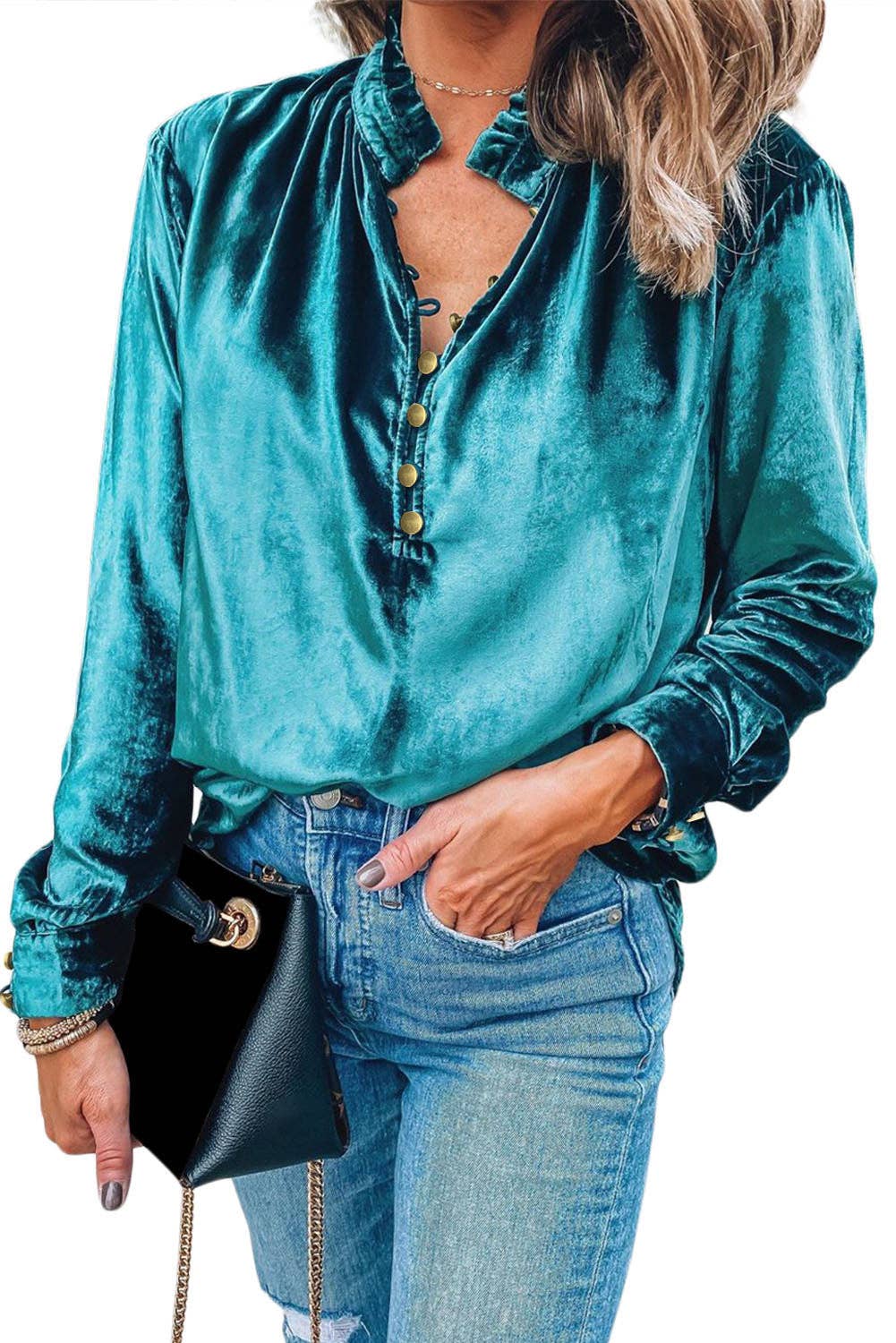 Ruffled Collar Button Front Velvet Blouse