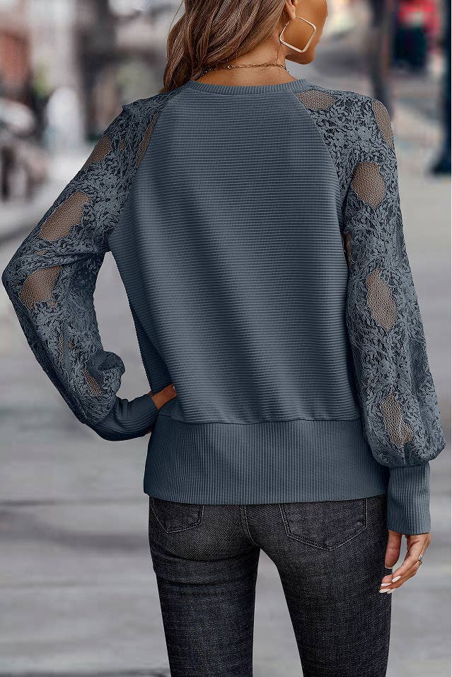Casual loose v neck lace spliced top