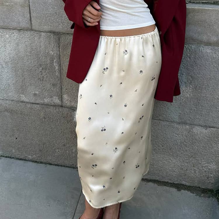 Stylish printed satin wrap hip Maxi skirt