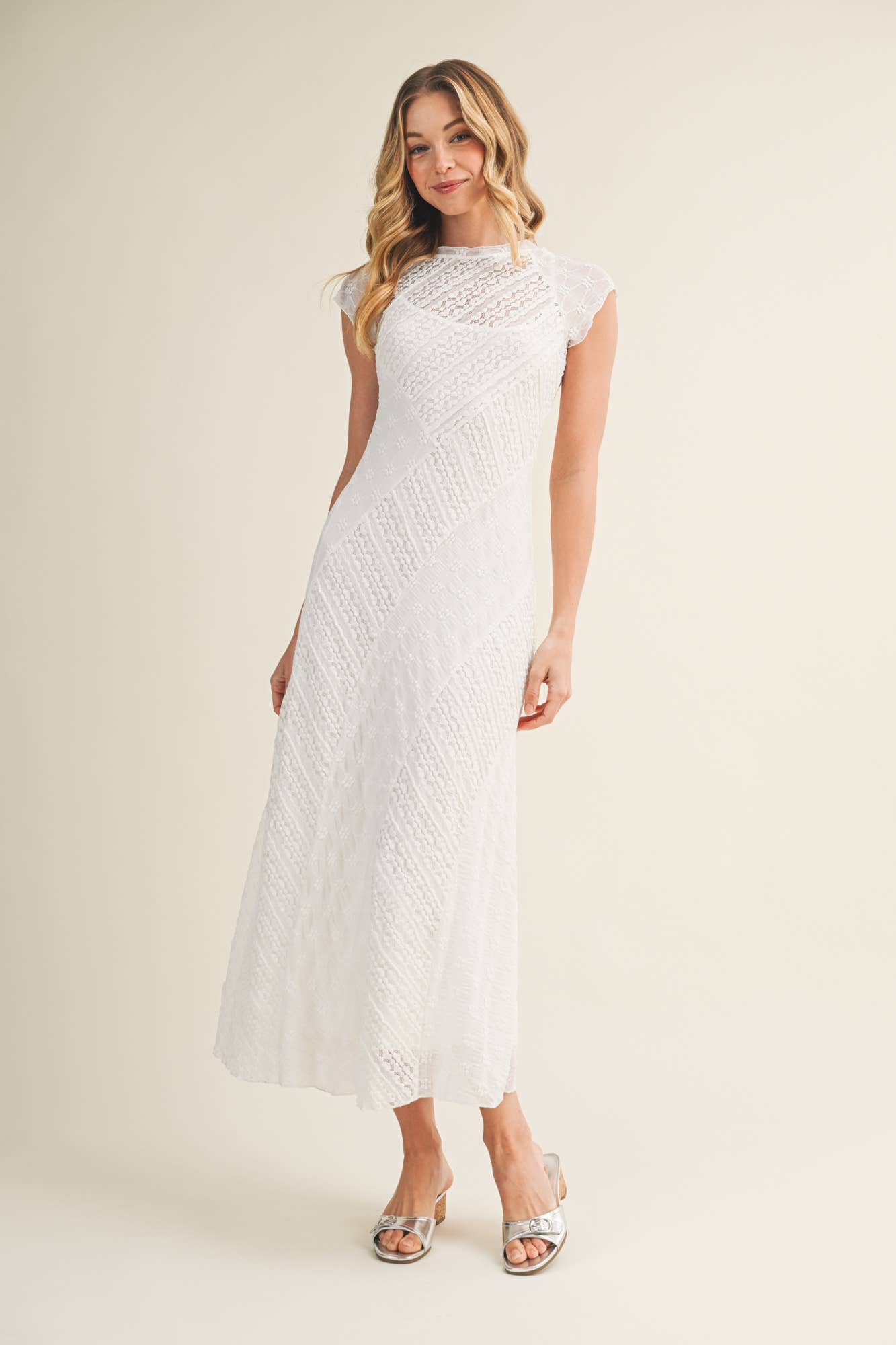 CAP SLEEVE MIXED LACE DRESS