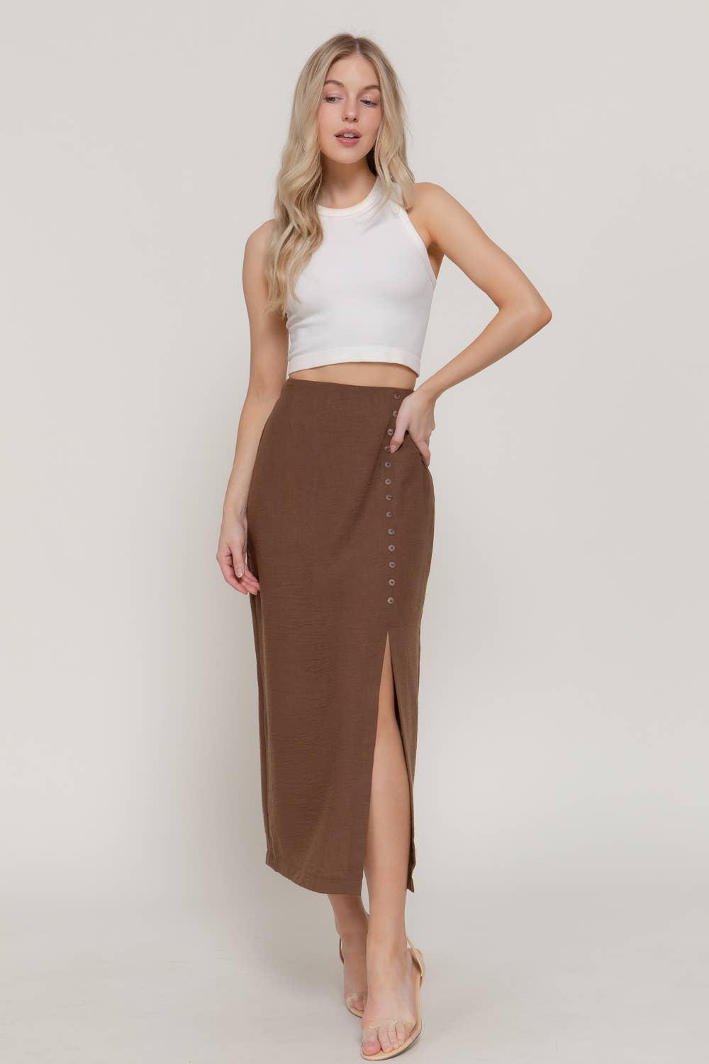 Front Slit with Button Detail Linen Effect Midi Skirt