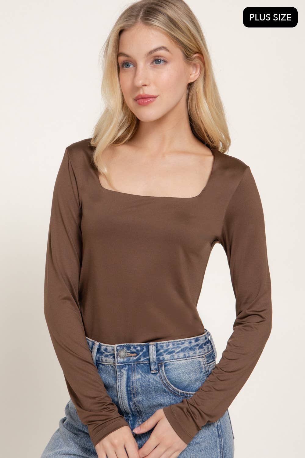 [PLUS SIZE] Long Sleeve Square Neck Double Layered Knit Top