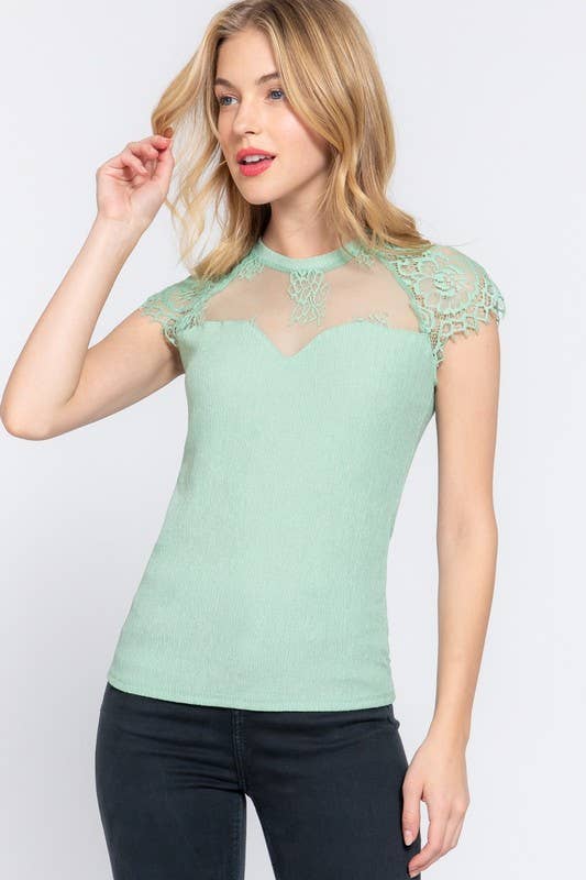 Lace Ruffle Slv Texture Knit Top