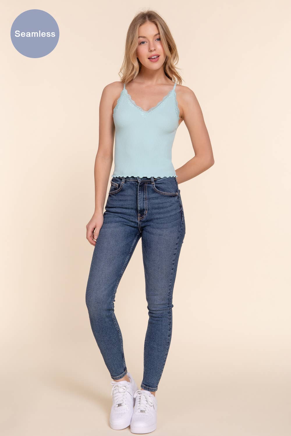 V-neck Lace Detail Seamless Rib Knit Cami Top