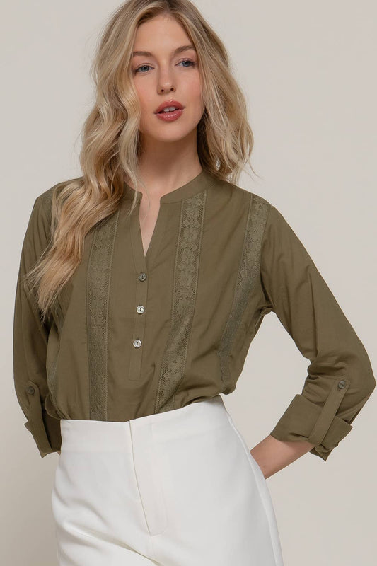 Long Sleeve Lace Panel Woven Blouse Shirt