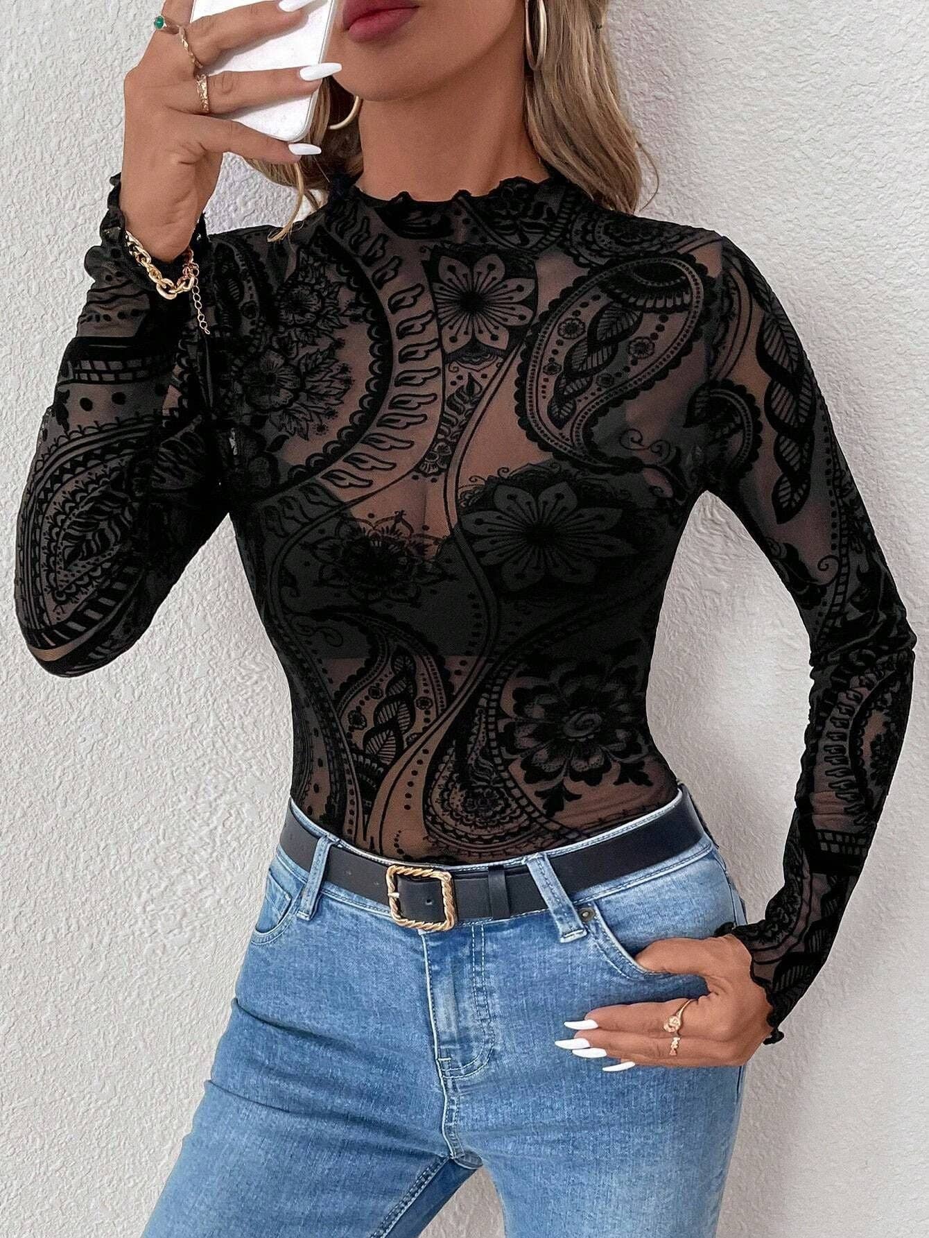 Elegant Paisley Print Sheer Long Sleeve Shirt