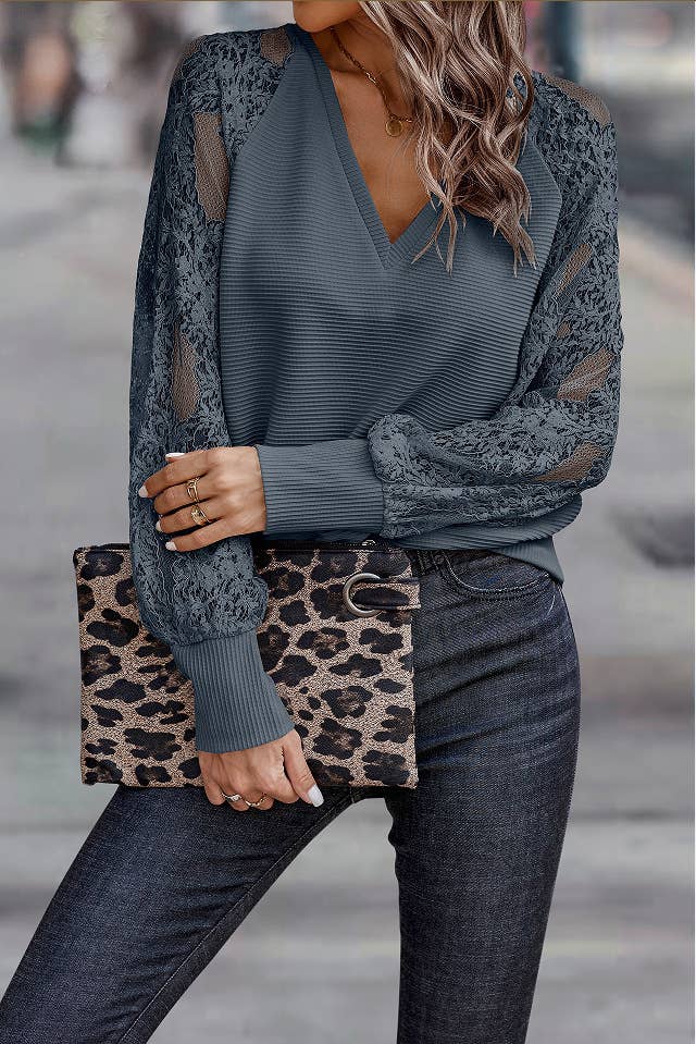 Casual loose v neck lace spliced top