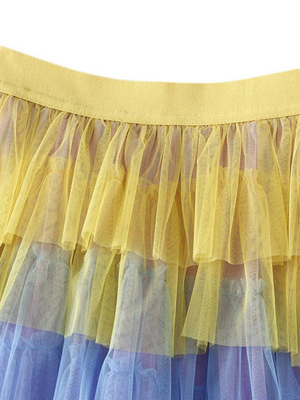 A-Line High-Low Contrast Color Elasticity Gauze Gradient Pleated Split-Joint Tiered Skirts
