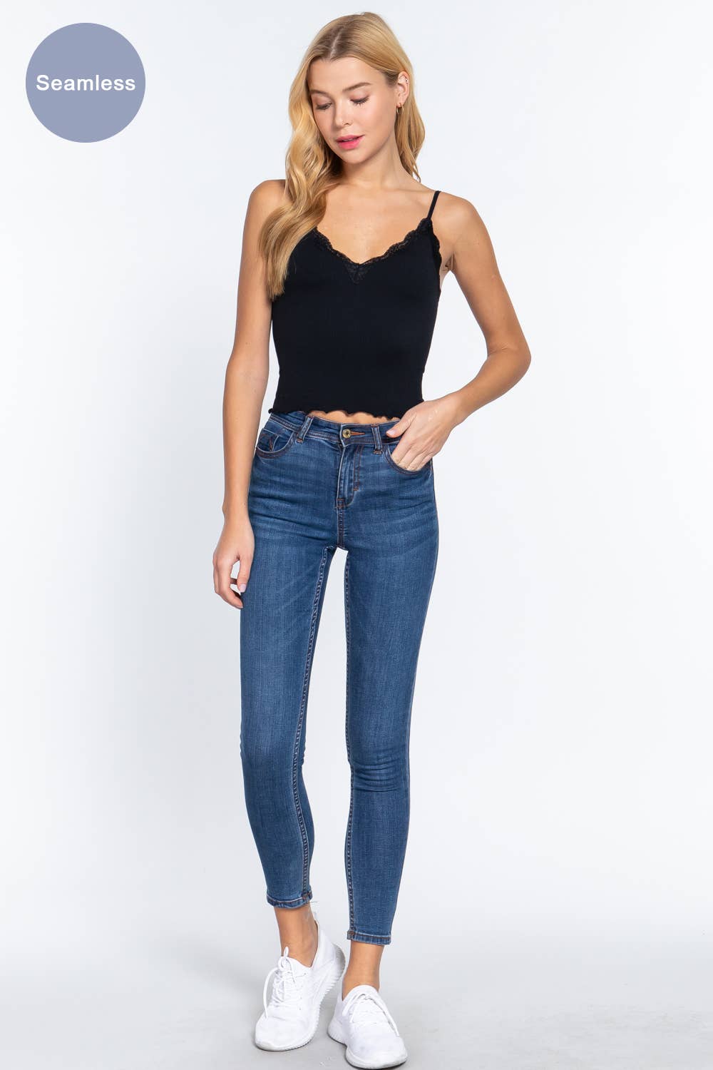 V-neck Lace Detail Seamless Rib Knit Cami Top