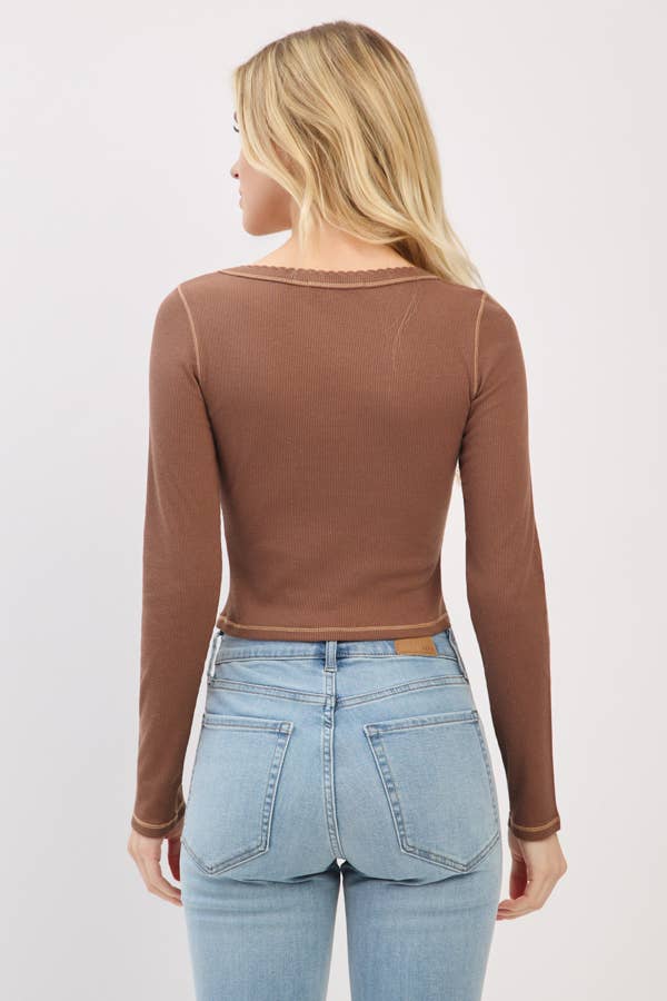 LONG SLEEVE SQUARE NECK RIBBED TOP W/ SCALLOP