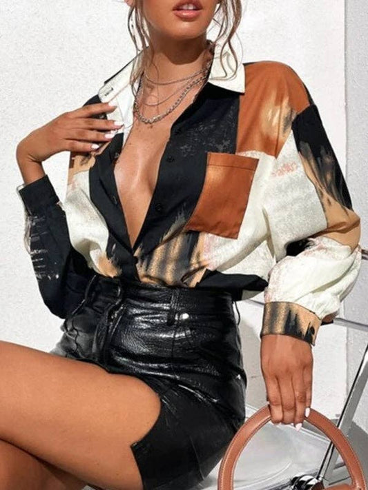 Long Sleeves Loose Asymmetric Printed Split-Joint Lapel Blouse & Shirt Top