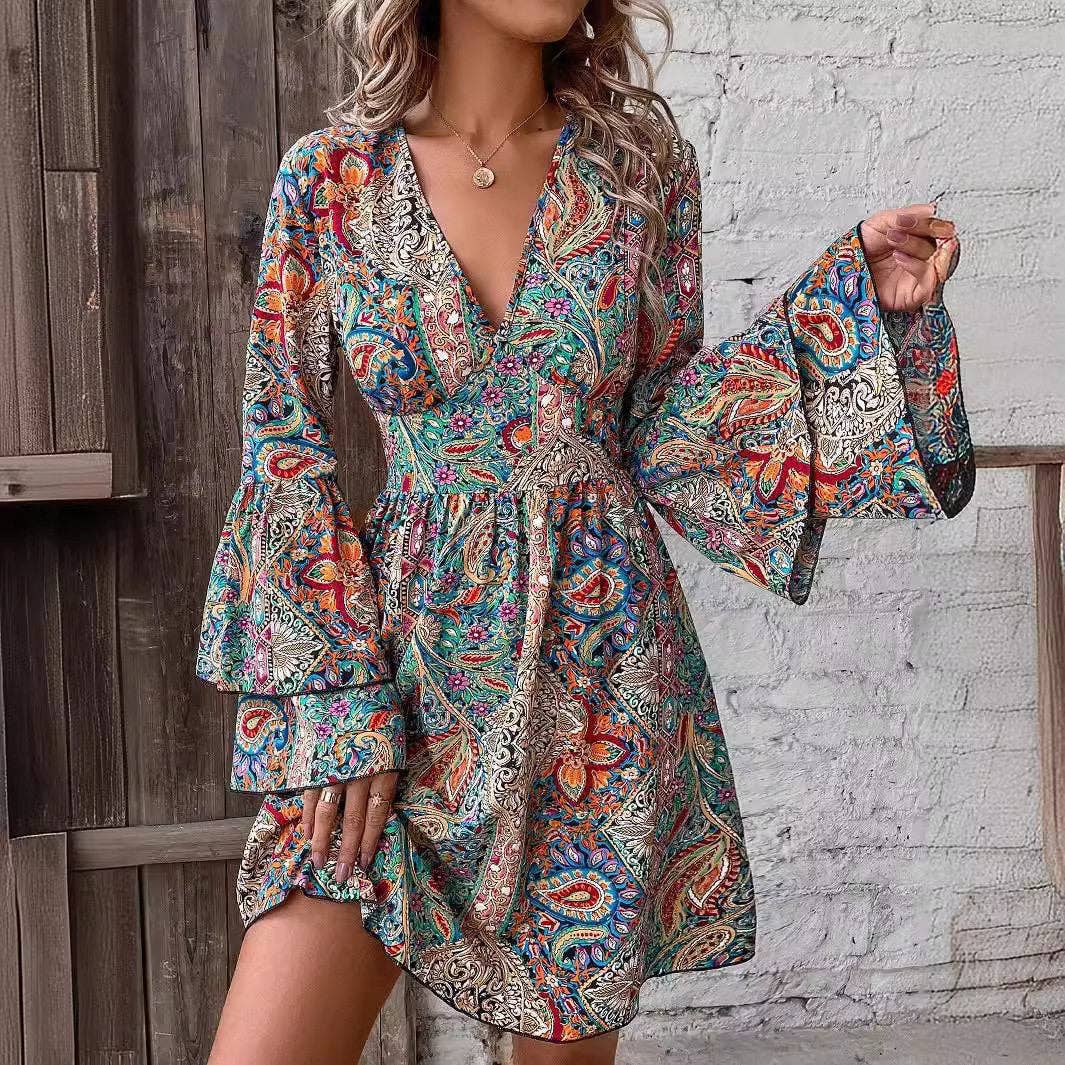 Floral Print V Neck Bell Sleeve Dress